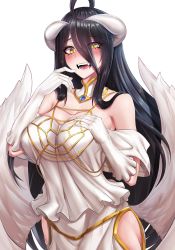 Rule 34 | 1girl, :d, absurdres, ahoge, albedo (overlord), ass, bare shoulders, black hair, blush, breasts, cleavage, demon girl, demon horns, dress, eyes visible through hair, fangs, feathered wings, finger to mouth, gloves, hair between eyes, hand on own chest, heart, heart-shaped pupils, highres, hip vent, horns, large breasts, long hair, looking at viewer, low wings, open mouth, overlord (maruyama), oxenia, skindentation, slit pupils, smile, solo, symbol-shaped pupils, white dress, white gloves, white wings, wings, yellow eyes