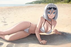 Rule 34 | 1girl, absurdres, azur lane, bad id, bad pixiv id, bare arms, bare legs, bare shoulders, beach, bikini, blue eyes, blurry, breasts, cleavage, depth of field, eyewear on head, feet out of frame, hair between eyes, highres, large breasts, looking at viewer, lying, medium hair, navel, official alternate costume, on side, outdoors, parted lips, sauvignon, silver hair, smile, solo, sunglasses, swimsuit, thighs, tirpitz (azur lane), tirpitz (snow-melting summer) (azur lane), white bikini