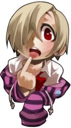 Rule 34 | 10s, 1girl, ayame hashinimasen, blonde hair, bow, hair over one eye, heart, heart-shaped pupils, hood, hoodie, idolmaster, idolmaster cinderella girls, looking at viewer, open mouth, pointing, pointing at self, shirasaka koume, short hair, sleeves past wrists, solo, symbol-shaped pupils, tongue, tongue out, upper body, white background
