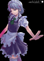 Rule 34 | 1girl, apron, blue eyes, braid, character name, female focus, izayoi sakuya, looking at viewer, maid, maid apron, maid headdress, marionette online, necktie, outstretched arm, satomura kyou, short hair, silver hair, smile, solo, standing, thighhighs, touhou, twin braids, zettai ryouiki