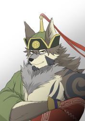 Rule 34 | 1boy, absurdres, animal ears, bara, brown hair, crossed arms, facial hair, fang, furry, furry male, goatee, green kimono, hadanugi dousa, hair between eyes, highres, ioenami, japanese clothes, kimono, large pectorals, long hair, looking at viewer, male focus, mature male, muscular, muscular male, open clothes, open kimono, pectorals, sideburns, single bare shoulder, solo, temujin (housamo), tokyo houkago summoners, wolf boy, wolf ears