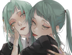 Rule 34 | 2girls, absurdres, bad id, bad pixiv id, brown nails, closed mouth, ear piercing, earrings, eyelashes, eyeshadow, fingernails, green eyes, green hair, grey background, half-closed eyes, hand on another&#039;s face, highres, jewelry, light green hair, long eyelashes, long fingernails, looking at viewer, makeup, multiple girls, nail polish, oj 0624, original, parted lips, piercing, pink eyeshadow, pink lips, ponytail, purple nails, red lips, siblings, simple background, teeth, tongue, tongue out, tongue piercing, twins, upper body, white background
