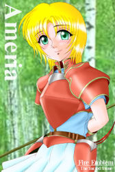 Rule 34 | 1girl, amelia (fire emblem), armor, blonde hair, character name, copyright name, fire emblem, fire emblem: the sacred stones, green eyes, hissaa (starlight express), nintendo, polearm, red armor, short hair, solo, spear, weapon