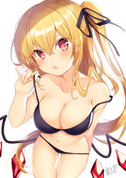 Rule 34 | 1girl, absurdres, aged up, alternate breast size, alternate hair length, alternate hairstyle, arm behind back, artist name, bad anatomy, bare arms, bare shoulders, bikini, black bikini, black ribbon, blonde hair, blush, breasts, cleavage, collarbone, commentary request, cowboy shot, crystal, artistic error, flandre scarlet, hair between eyes, hair ribbon, hand up, head tilt, highres, large breasts, leaning forward, long hair, looking at viewer, navel, nenobi (nenorium), no headwear, one side up, parted lips, red eyes, ribbon, side ponytail, signature, simple background, solo, stomach, strap pull, strap slip, swimsuit, thighs, touhou, very long hair, white background, wings