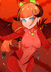 Rule 34 | 1girl, absurdres, andou inari, animal ears, blue eyes, bodysuit, breasts, brown wings, choumi wuti (xueye fanmang zhong), closed mouth, commentary, covered collarbone, covered navel, cowboy shot, curled horns, demon girl, demon horns, demon tail, demon wings, english commentary, fake animal ears, hand up, highres, horns, long hair, looking at viewer, medium breasts, nijisanji, orange background, orange hair, red bodysuit, solo, tail, twitter username, virtual youtuber, virtuareal, vr link, wings