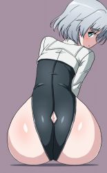Rule 34 | 1girl, ass, black leotard, blue eyes, blush, butt crack, from behind, grey hair, highleg, highleg leotard, highres, leotard, looking at viewer, looking back, muchabou, sanya v. litvyak, shiny clothes, shiny skin, short hair, simple background, sitting, solo, strike witches, world witches series