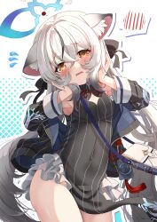 Rule 34 | 1girl, animal ear fluff, animal ears, bag, bare shoulders, black bow, black dress, black hair, black jacket, blue archive, bow, breasts, brown eyes, commentary request, covered navel, dress, flying sweatdrops, grey hair, hair bow, halo, hands up, head tilt, highres, jacket, kokona (blue archive), long hair, multicolored hair, off shoulder, open clothes, open jacket, parted lips, shoulder bag, sleeveless, sleeveless dress, small breasts, solo, spoken blush, streaked hair, striped clothes, striped dress, striped jacket, vertical-striped clothes, vertical-striped dress, vertical-striped jacket, very long hair, watermark, wavy mouth, white background, white hair, xephonia