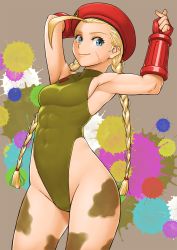 Rule 34 | 1girl, abs, ahoge, armpits, beret, blonde hair, blue eyes, bodypaint, braid, breasts, cammy white, cowboy shot, curvy, fingerless gloves, gloves, green leotard, hat, heattech leotard, highleg, highleg leotard, highres, huge ahoge, leotard, long hair, muscular, muscular female, paint splatter, red gloves, red hat, shigenobu, shiny clothes, small breasts, smile, solo, standing, street fighter, street fighter ii (series), thong leotard, turtleneck, twin braids, wide hips
