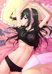 Rule 34 | 1girl, absurdres, arms up, black hair, black panties, blue eyes, breasts, earmuffs, frilled pillow, frills, from above, highres, kimishima kana, kiseijuu, long hair, looking at viewer, lying, midriff, navel, on back, on bed, panties, parted lips, photo (object), pillow, rekaerb maerd, shirt, solo, t-shirt, underboob, underwear