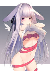 Rule 34 | 1girl, animal ears, black ribbon, bow, breasts, camisole, camisole lift, closed mouth, clothes lift, commentary request, cowboy shot, detached wings, groin, hair ribbon, lifting own clothes, long hair, looking at viewer, medium breasts, mini wings, naked ribbon, navel, original, rabbit ears, red bow, red ribbon, ribbon, silver hair, solo, usagimiko, very long hair, white camisole, white wings, wings