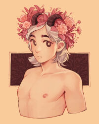 Rule 34 | 1boy, backward facing horns, brown eyes, caioyo, closed mouth, collarbone, cropped torso, from side, grey hair, hair behind ear, head wreath, highres, horns, looking at viewer, male focus, mismatched eyebrows, nipples, nude, original, parted bangs, pectorals, rectangle, short hair, simple background, solo, yellow background