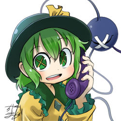 Rule 34 | 1girl, bandaid, black hat, bow, chamaji, commentary request, eyeball, frilled shirt collar, frilled sleeves, frills, green eyes, green hair, hair between eyes, hat, hat bow, holding, holding phone, komeiji koishi, looking at viewer, lowres, partial commentary, phone, profile picture, shirt, short hair, sidelocks, signature, solo, string, symbol-shaped pupils, third eye, touhou, upper body, white background, x x, yellow bow, yellow shirt