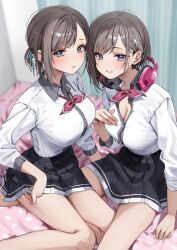 Rule 34 | 2girls, absurdres, arm support, black skirt, blue eyes, blush, bow, bowtie, breasts, chigusa minori, cleavage, collared shirt, commentary request, dress shirt, futago matomete kanojo ni shinai?, grey hair, hair behind ear, hair ornament, headphones, headphones around neck, highres, indoors, large breasts, looking at viewer, multiple girls, official art, parted lips, pleated skirt, red bow, red bowtie, red brooch, school uniform, second-party source, shirt, short hair, short ponytail, siblings, sidelocks, sisters, sitting, skirt, smile, star (symbol), star hair ornament, twins, usami chikage, usami hikari, white shirt