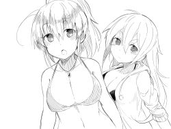 Rule 34 | &gt;:|, 2girls, :o, :|, ahoge, bikini, blush, breasts, cleavage, closed mouth, copyright request, expressionless, eyebrows, greyscale, highres, hood, hood down, hooded jacket, jacket, jewelry, large breasts, long sleeves, monochrome, multiple girls, navel, necklace, open clothes, open jacket, open mouth, pendant, pom pom (clothes), ponytail, short hair, simple background, sketch, sleeves pushed up, stomach, suruga (xsurugax), swimsuit, tareme, thick eyebrows, upper body, v-shaped eyebrows, white background
