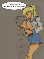 Rule 34 | afro, blonde hair, grabbing another&#039;s breast, breast sucking, breasts, grabbing, groping, large breasts, nipples, no bra, open clothes, ponytail, school uniform, skirt, ugenixdoujinwave, uniform