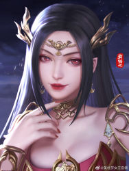 Rule 34 | 1girl, black hair, cai lin (doupo cangqiong), closed mouth, doupo cangqiong, dress, earrings, hair ornament, highres, jewelry, long hair, nail polish, night, night sky, red dress, red eyes, red nails, second-party source, sky, smile, solo, upper body, wei an van hua shi
