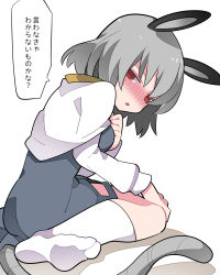 Rule 34 | 1girl, animal ears, blush, breasts, capelet, commentary request, dress, full body, grey dress, grey hair, half-closed eyes, hammer (sunset beach), highres, long sleeves, looking at viewer, medium breasts, mouse ears, mouse girl, mouse tail, nazrin, no shoes, nose blush, open mouth, red eyes, shirt, short hair, simple background, sitting, socks, solo, tail, touhou, translation request, wariza, white background, white capelet, white shirt