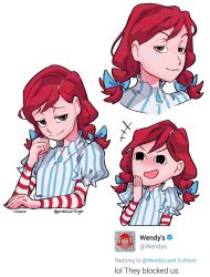 Rule 34 | 1girl, animification, artist name, bow, braid, brown eyes, commentary, hair bow, half-closed eyes, multiple views, open mouth, parody, puffy short sleeves, puffy sleeves, red hair, short sleeves, signature, smile, smug, striped, striped sleeves, toshinou kyouko, twin braids, twitter, twitter username, vertical stripes, vsock, wendy&#039;s, wendy (wendy&#039;s), yuru yuri