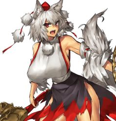 Rule 34 | 1girl, angry, animal ears, armpits, bare legs, breasts, commentary request, contrapposto, cowboy shot, curvy, detached sleeves, fang, female focus, hanging breasts, hat, hip focus, holding, holding sword, holding weapon, inubashiri momiji, large breasts, leaf print, legs, looking at viewer, melon22, miniskirt, muscular, muscular female, open mouth, pom pom (clothes), red eyes, ribbon-trimmed sleeves, ribbon trim, shield, shiny skin, short hair, shouting, sideboob, sideways glance, skirt, solo, standing, sword, tail, thighs, tokin hat, torn clothes, torn skirt, torn sleeves, touhou, turtleneck, weapon, white hair, wide hips, wolf ears, wolf tail