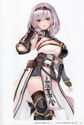 Rule 34 | 1girl, absurdres, arm guards, armor, armored boots, belt, blush, boots, braid, breasts, fingerless gloves, gloves, gold trim, green eyes, hand up, highres, hololive, jewelry, large breasts, looking at viewer, mole, mole on breast, page number, pelvic curtain, pleated skirt, scan, shirogane noel, shirogane noel (1st costume), short hair, simple background, skirt, smile, solo, teeth, thighhighs, thighs, tiara, upper teeth only, virtual youtuber, watao, white hair