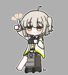 Rule 34 | 1girl, ahoge, arknights, black skirt, camera, camera around neck, chibi, collared shirt, commentary request, drone, full body, grey background, hair ornament, highres, holding, holding camera, jacket, long sleeves, looking ahead, mora (moragooyoo), necktie, open clothes, open jacket, pleated skirt, red necktie, riding machine, scene (arknights), shirt, short hair, simple background, single thighhigh, skirt, solo, thighhighs, thumbs up, white jacket, white shirt, yellow eyes
