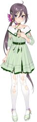 Rule 34 | 1girl, akebono (11th anniversary) (kancolle), akebono (kancolle), bell, blush, burnt clothes, collarbone, dress, drew (drew213g), flower, full body, green dress, hair bell, hair between eyes, hair flower, hair ornament, hand on own chest, jingle bell, kantai collection, long hair, official alternate costume, official art, pantyhose, purple eyes, purple flower, purple hair, side ponytail, solo, tachi-e, transparent background, white pantyhose