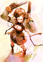 Rule 34 | 1girl, arms up, boots, breasts, brown hair, cleavage, dual wielding, female focus, from above, full body, glasses, gradient background, gun, hair ornament, hairclip, highres, holding, large breasts, original, short hair, so-bin, solo, weapon