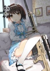 Rule 34 | 1girl, ammunition, animal hair ornament, bad id, bad pixiv id, between legs, black footwear, blue dress, blush, brown hair, candy, cartridge, closed mouth, convenient leg, couch, curtains, dress, even (even yiwen), food, frilled dress, frills, gun, hairband, highres, indoors, jewelry, light particles, lollipop, long sleeves, looking at viewer, necklace, on couch, photo (object), pinafore dress, radiation symbol, revision, rifle, shirt, shoes, short hair, sitting, sleeveless dress, sleeves past wrists, smile, sniper rifle, solo, stuffed animal, stuffed panda, stuffed toy, tareme, thighhighs, thighs, weapon, weapon request, white hairband, white shirt, white thighhighs, window, yellow eyes