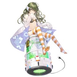 Rule 34 | 1girl, ahoge, ambiguous green liquid, artist request, back slit, bare shoulders, bow, bow bra, bra, breasts, cable, coat, collarbone, covering own mouth, final gear, full body, green eyebrows, green hair, grey bra, grey eyes, grey panties, headset, hexagon, highres, horizontal-striped thighhighs, long hair, long sleeves, midriff, navel, no pants, no shirt, no shoes, official art, orange bow, panties, pocket, rinbell (final gear), screen, simple background, sitting, sleeve cuffs, sleeves past fingers, sleeves past wrists, small breasts, solo, spaghetti strap, tachi-e, third-party source, transparent background, tube, two-sided coat, two-sided fabric, two-tone thighhighs, underwear, wavy hair, white coat, white sleeve cuffs, white sleeves