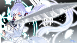 Rule 34 | 1girl, blue eyes, h-new, highres, holding, holding sword, holding weapon, long hair, magic circle, ponytail, rapier, rwby, scar, scar across eye, scar on face, solo, sword, tiara, weapon, weiss schnee, white hair