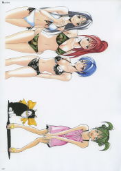Rule 34 | 4girls, :d, absurdres, bikini, black bikini, blue hair, bow, breasts, brown eyes, camouflage, camouflage bikini, cat, character name, cleavage, collarbone, copyright name, dress, frilled dress, frills, front-tie bikini top, front-tie top, green eyes, green hair, grey background, grey hat, hands on lap, hands on own hips, hat, high ponytail, highres, long hair, looking at viewer, medium breasts, multiple girls, navel, neck ribbon, open mouth, page number, pink dress, red hair, ribbon, scan, seo kouji, short dress, short hair, side-tie bikini bottom, sideboob, simple background, sleeveless, smile, standing, sundress, suzuka, swimsuit, two side up, very long hair, white bikini, white ribbon, yellow bow