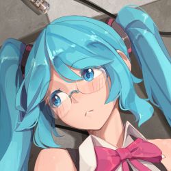 Rule 34 | 1girl, blue eyes, blue hair, blush, bow, bowtie, glasses, hair between eyes, hatsune miku, highres, long hair, looking to the side, makinoatorie, parted lips, portrait, red bow, red bowtie, rimless eyewear, sleeveless, solo, twintails, vocaloid, wing collar