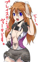 Rule 34 | 1girl, blue eyes, breasts, brown hair, cleavage, feccso, hair ornament, handheld game console, long hair, no bra, open clothes, open mouth, os-tan, personification, playstation vita, skirt, solo, thighhighs, twintails, v, vita-tan