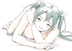 Rule 34 | 1girl, arm support, breasts, dark green hair, hair between eyes, hair ribbon, highres, kantai collection, long hair, looking at viewer, lying, nude, on bed, on stomach, ribbon, sidelocks, small breasts, smile, solo, twintails, vent arbre, white background, yellow eyes, zuikaku (kancolle)
