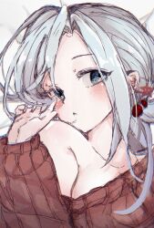 Rule 34 | 1girl, blue eyes, blue hair, blush, breasts, chinese commentary, chromatic aberration, cleavage, commentary request, enomoto noa, eyes visible through hair, film grain, hair bobbles, hair ornament, highres, light blue hair, long sleeves, medium breasts, on bed, parted lips, red sweater, ribbed sweater, royyyyy, saibou shinkyoku, solo, sweater