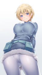 Rule 34 | 10s, 1girl, bad id, bad pixiv id, belt pouch, blonde hair, blue eyes, blush, brave witches, breasts, closed mouth, crotch seam, from below, fur trim, large breasts, long sleeves, looking at viewer, looking down, nikka edvardine katajainen, pantyhose, pouch, ribbed sweater, short hair, simple background, smile, solo, sweater, tomohiro kai, world witches series