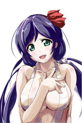 Rule 34 | 10s, 1girl, aegis (nerocc), blush, breasts, cleavage, commentary request, female focus, green eyes, highres, large breasts, long hair, looking at viewer, love live!, love live! school idol project, open mouth, purple hair, simple background, smile, solo, tojo nozomi, twintails, white background