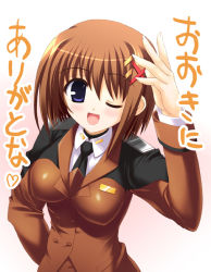 Rule 34 | 00s, 1girl, blue eyes, breasts, brown hair, hair ornament, impossible clothes, impossible shirt, lyrical nanoha, mahou shoujo lyrical nanoha, mahou shoujo lyrical nanoha strikers, military, military uniform, non-web source, one eye closed, pencil skirt, shirt, short hair, skirt, solo, translated, uniform, wink, x hair ornament, yagami hayate