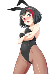Rule 34 | 10s, 1girl, animal ears, arms under breasts, bang dream!, black hair, black leotard, blush, bob cut, breasts, brown pantyhose, covered navel, cowboy shot, crossed arms, fake animal ears, from below, highres, leotard, looking at viewer, medium breasts, mitake ran, multicolored hair, open mouth, pantyhose, playboy bunny, rabbit ears, rabbit tail, red eyes, red hair, sakamata (sakamata4), short hair, simple background, solo, standing, strapless, strapless leotard, streaked hair, tail, white background, wrist cuffs