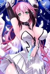 Rule 34 | 1girl, :o, armpits, arms up, between breasts, black hair, breasts, chain, chain between breasts, cleavage, collar, feathers, green eyes, ikaros, large breasts, long hair, multicolored hair, nana g, navel, parted lips, pink hair, ribbon, shiny skin, solo, sora no otoshimono, twintails, wings