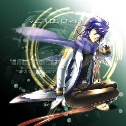 Rule 34 | 1boy, blue hair, blue scarf, cable, caffein, gloves, highres, jacket, kaito (vocaloid), male focus, purple eyes, scarf, sitting, solo, vocaloid