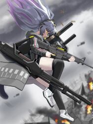 Rule 34 | 1girl, animal ears, arknights, assault rifle, black hair, black shorts, black thighhighs, blurry, blurry background, cat ears, closed mouth, cloud, cloudy sky, commentary, depth of field, english commentary, eye trail, fire, green eyes, grey jacket, gun, headphones, headset, highres, holding, holding gun, holding weapon, hood, hood down, hooded jacket, jacket, jessica (arknights), jessica the liberated (arknights), light trail, long hair, long sleeves, looking down, m4 carbine, multicolored hair, outdoors, ponytail, profile, puffy long sleeves, puffy sleeves, purple hair, rifle, shoes, short shorts, shorts, sky, solo, streaked hair, thighhighs, tofudofu, trigger discipline, weapon, weapon request, white footwear