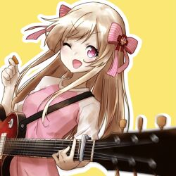 Rule 34 | 1girl, alternate costume, blonde hair, chaos marie (grimms notes), dk mk2, electric guitar, grimms notes, guitar, hair ribbon, heart, heart-shaped pupils, highres, holding, instrument, long hair, one eye closed, open mouth, ribbon, shirt, simple background, smile, solo, symbol-shaped pupils, t-shirt, yellow background