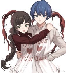 Rule 34 | 1boy, 1girl, apron, blood, blue eyes, blue hair, blush, braid, braided ponytail, brown hair, flesh, green eyes, heart, highres, hug, library of ruina, long hair, looking at viewer, love mintchoco, merry (project moon), open mouth, parted lips, project moon, red sweater, simple background, smile, sweater, tommy (project moon), turtleneck, turtleneck sweater, very long hair, white apron, white background