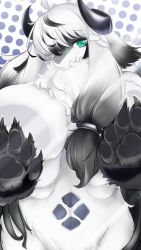 Rule 34 | 1girl, breasts, copyright request, dog, extra breasts, female focus, furry, furry female, green eyes, highres, long hair, monochrome, solo, spot color, tai tai kun, white background, white hair