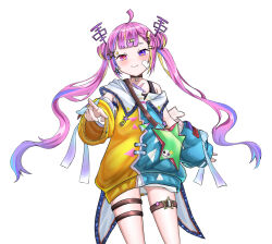 Rule 34 | 1girl, ahoge, asymmetrical clothes, asymmetrical legwear, bag, bandaid, bandaid on face, commission, hair ornament, heterochromia, highres, hood, hoodie, idol corp, knees up, looking at viewer, multicolored hair, pink eyes, pink hair, pointing, purple eyes, ribbon, riro ron, shoulder bag, simple background, star (symbol), thighs, twintails, virtual youtuber, white background