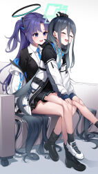 Rule 34 | 2girls, absurdly long hair, absurdres, aris (blue archive), black gloves, black hair, black skirt, blue archive, blue necktie, closed eyes, commentary request, gloves, halo, hand on another&#039;s head, highres, jacket, long hair, long sleeves, mechanical halo, multiple girls, necktie, off shoulder, open clothes, open jacket, open mouth, pizza (pizzania company), pleated skirt, purple eyes, purple hair, shirt, sitting, sitting on lap, sitting on person, skirt, smile, thighs, very long hair, white background, white jacket, white shirt, yuuka (blue archive)