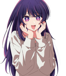 Rule 34 | 1girl, :d, commentary, grey sweater, hands on own cheeks, hands on own face, highres, hoshino ai (oshi no ko), kusana (kusana47454281), long hair, long sleeves, looking at viewer, multicolored hair, open mouth, oshi no ko, purple eyes, purple hair, sidelocks, simple background, smile, solo, star-shaped pupils, star (symbol), streaked hair, sweater, symbol-shaped pupils, upper body, white background
