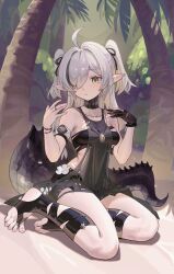 Rule 34 | 1girl, ahoge, arknights, black dress, breasts, bridal legwear, closed mouth, constant qiu, crocodilian tail, day, dress, full body, gloves, grey hair, hair over one eye, hair ribbon, jewelry, long hair, medium breasts, no shoes, outdoors, partially fingerless gloves, pointy ears, ribbon, ring, single glove, solo, tail, tomimi (arknights), tree, two side up, yellow eyes