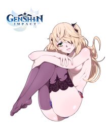 Rule 34 | 1girl, bare arms, bare back, bare shoulders, black nails, black pantyhose, black thighhighs, blonde hair, blue panties, eyepatch, feet, fischl (genshin impact), genshin impact, green eyes, headgear, highres, long hair, looking at viewer, nail polish, no bra, no shoes, open mouth, panties, pantyhose, sbel02, soles, thighhighs, topless, transparent background, twintails, underwear
